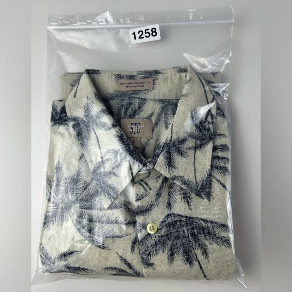 STO Men's Linen Cotton Hawaiian Shirt Palm‎ Tree Print Beige Black Size L